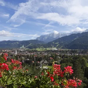 View of Garmisch-Partenkirchen as seen from Kriegergedaechtniskapelle memorial chapel, Werdenfelser Land region, Upper Bavaria, Bavaria, Germany, Europe View of Garmisch-Partenkirchen as seen from Kriegergedaechtniskapelle memorial chapel, Werdenfelser Land region, Upper Bavaria, Bavaria, Germany, Europe