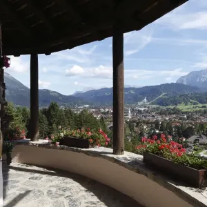 View of Garmisch-Partenkirchen as seen from Kriegergedaechtniskapelle memorial chapel, Werdenfelser Land region, Upper Bavaria, Bavaria, Germany, Europe View of Garmisch-Partenkirchen as seen from Kriegergedaechtniskapelle memorial chapel, Werdenfelser Land region, Upper Bavaria, Bavaria, Germany, Europe