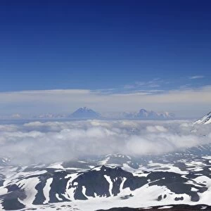View from the Gorely volcano to the Tolmachev Dol and Opala volcanoes, Kamchatka Peninsula, Russia