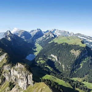View from Hoher Kasten mountain, 1794m, in the Appenzell Alps, Lake Saemtisersee in the center, canton of Appenzell Inner-Rhodes, Switzerland, Europe