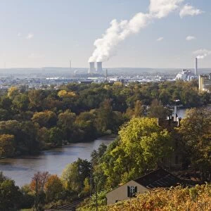 View from Karlsturm tower at Peterstirn Castle over the Main River with Schweinfurt municipal park and industrial estate, with Grafenrheinfeld Nuclear Power Plant in the distance, Schweinfurt, Lower Franconia, Franconia, Bavaria, Germany, Europe