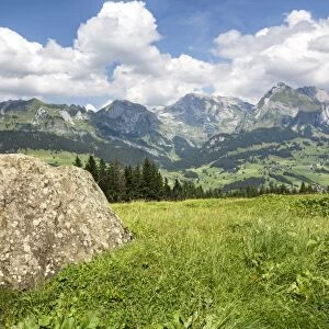 View from Klangweg or Sound Trail on Toggenburg Mountain towards the Alpstein Mountains with Saentis Mountain, Wildhaus, Canton of St. Gallen, Switzerland