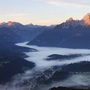 View from Kneifelspitze mountain across Berchtesgaden towards Watzmann mountain, in the morning, Berchtesgaden Alps, Berchtesgaden, Upper Bavaria, Germany, Europe
