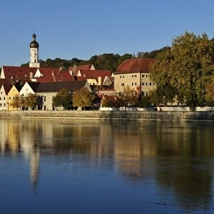 View over Lech river towards historic centre of Landsberg am Lech, Upper Bavaria, Germany, Europe