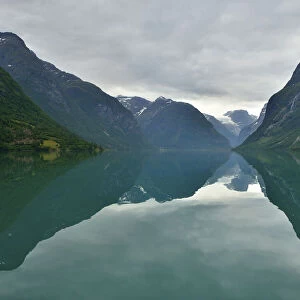 View across Loen Lake towards Kjenndalsbreen Glacier, Loen, Stryn, Sogn og Fjordane, Western Norway, Norway