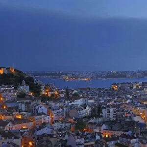 View from lookout point of Miradouro Senhora do Monte towards the Castello Sant Jorg, Cristo Rei and Beixa, Graca, Lisbon, Portugal, Europe