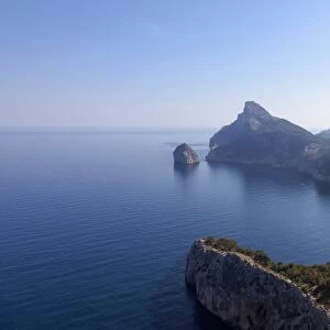 View from the Mirador des Colomer onto the Cap de Formentor and the small island of Colomer, Majorca, Balearic Islands, Spain