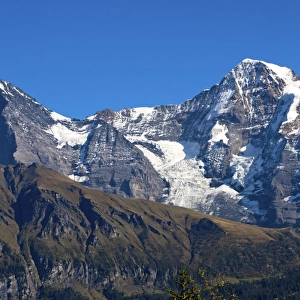 View of the mountains Eiger and Moench from Grutsch Alp near Muerren, Bernese Oberland, Switzerland, Europe