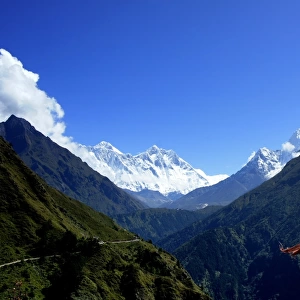 View of Mt Everest, through mountain valley