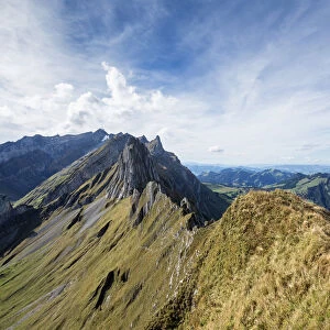 View from Mt Schafler in the Appenzell Alps to Mt Santis, Canton of Appenzell Innerrhoden, Switzerland