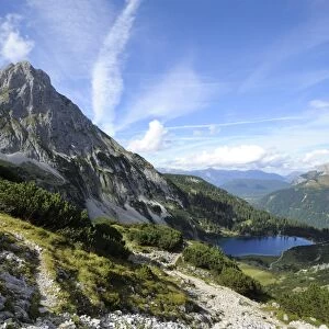 View of Mt Sonnenspitze above Seebensee Lake, Mt Zugspitze, right, Ehrwald, Tyrol, Austria, Europe, PublicGround