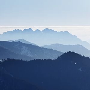 View from Mt Wallberg, Mt Wilder Kaiser in Tyrol at back, Upper Bavaria, Bavaria, Germany, Europe, PublicGround