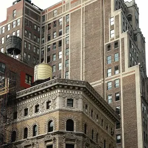 View of overlapping historical buildings along Broadway near Union Square in Manhattan, New York City