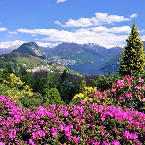 View from Parco San Grato to the village of Carona, San Salvatore, Lago di Lugano, Lugano, Canton Ticino, Switzerland