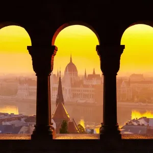 View of the Parliament of Hungary from the Fishermens Bastion at sunrise
