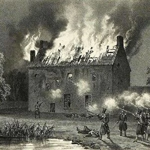 View of the Penissiere Commune, at the time of the battle, burning house, 1832, France, Historic, digitally restored reproduction from a 19th century original