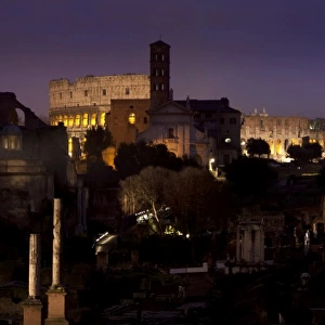 View of the ruins of the Roman Forum in Rome at twilight