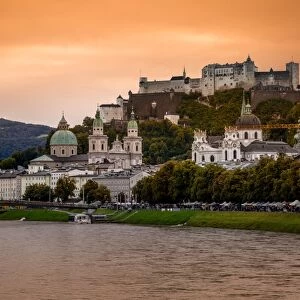 View of Salzach River and Skyline of the Historic Centre of Salzburg City, Austria