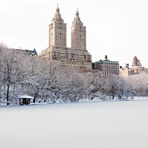 View of The San Remo building from Central Park lake in winter, Manhattan, New York City, USA