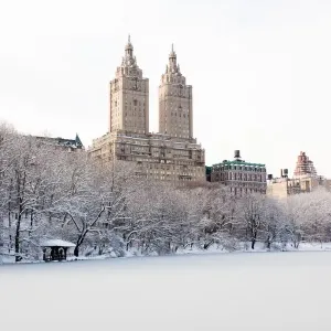 View of The San Remo building from Central Park lake in winter, Manhattan, New York City, USA View of The San Remo building from Central Park lake in winter, Manhattan, New York City, USA