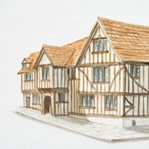 View down two sides of large half-timbered house
