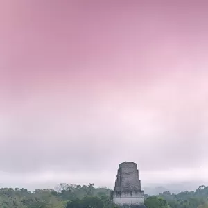 View of Tikal temples in the forest at sunrise