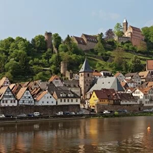 View of the town with Hirschhorn Castle, Marktkirche Church, the Carmelite Monastery and the Neckar River, Hirschhorn, Neckartal-Odenwald Nature Reserve, Hesse, Germany, Europe, PublicGround