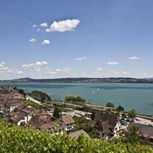 View over the vineyards on Twann village, Lake Bieler See, Canton Bern, Switzerland, Europe