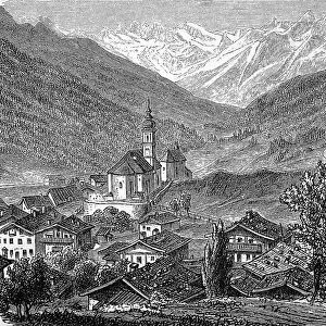 The village of Gossensass on the Brenner Pass, South Tyrol, Italy, in 1870, digitally restored reproduction of an original 19th-century painting