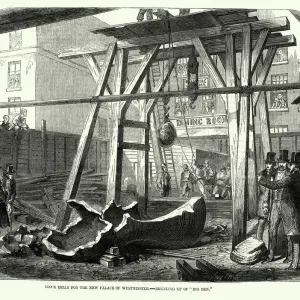 Vintage illustration, Clock bells for new Palace of Westminster, Breaking up of Big Ben, 1858 Vintage illustration, Clock bells for new Palace of Westminster, Breaking up of Big Ben, 1858