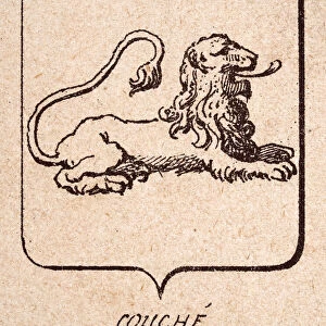 Vintage illustration, Escutcheon, or heraldic shield, Lions couchant, couche, Heraldry