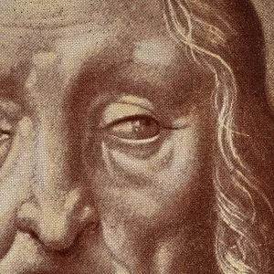 Vintage illustration detail of head of an old man, eyes, looking sideways, face, after a drawing by Leonardo da Vinci Vintage illustration detail of head of an old man, eyes, looking sideways, face, after a drawing by Leonardo da Vinci