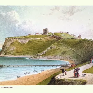 Vintage illustration North Cliff, Castle ruins, Beach, Pier, Scarborough, North Yorkshire, Victorian 19th Century Vintage illustration North Cliff, Castle ruins, Beach, Pier, Scarborough, North Yorkshire, Victorian 19th Century