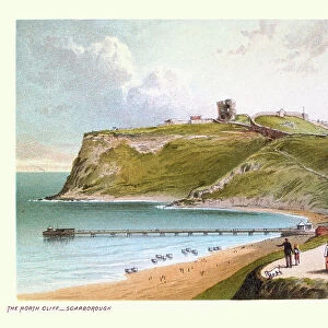 Vintage illustration North Cliff, Castle ruins, Beach, Pier, Scarborough, North Yorkshire, Victorian 19th Century