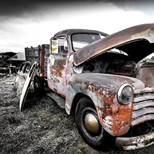 Vintage Old Rusty Truck with hood up-Toned