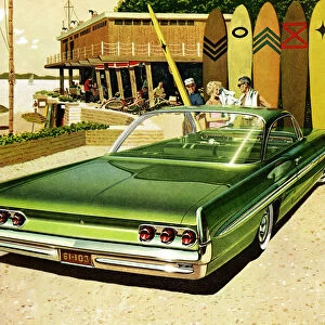 Vintage poster of couple at beach in front of green car