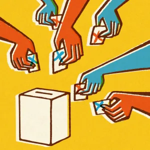 Voting Hands and Ballot Box