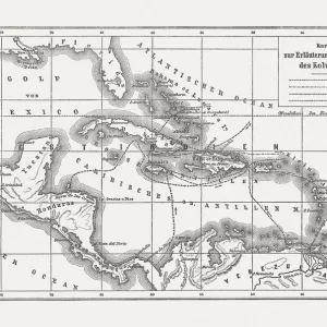 Voyages of Christopher Columbus, wood engraving, published c. 1882 Voyages of Christopher Columbus, wood engraving, published c. 1882