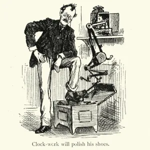 Wacky inventions, the clockwork shoe polisher, Victorian cartoon 19th Century