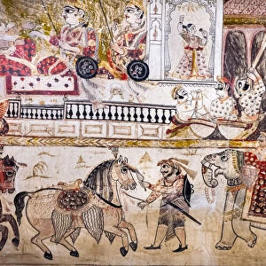 Wall painting mural of court life at Lakshminarayan temple in Orchha, Tikamgarh, Madhya Pradesh