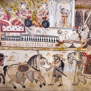 Wall painting mural of court life at Lakshminarayan temple in Orchha, Tikamgarh, Madhya Pradesh