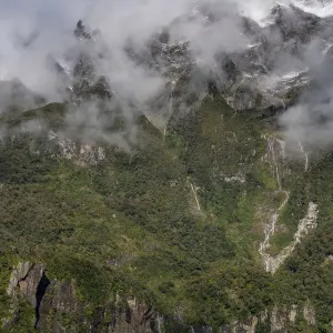 Waterfall at the port Mildford Sound, New Zealand