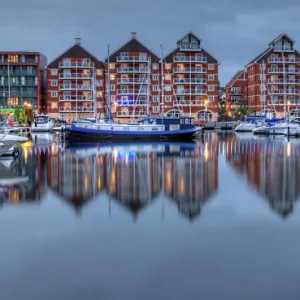 The waterfront in Ipswich at dusk