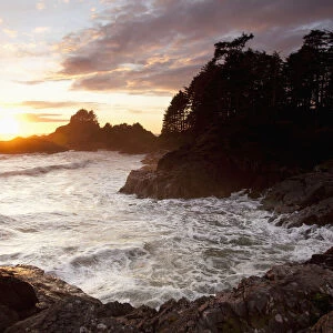 Waves At Cox Bay And Sunset Point At Sunset Near Tofino