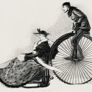 Wheel sled, Husband drives his wife in winter, with spikes on wheel Wheel sled, Husband drives his wife in winter, with spikes on wheel