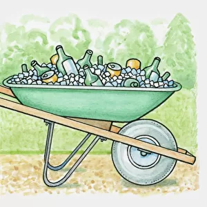 Wheelbarrow filled with ice and drinks in bottles and cans