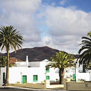 White houses and palm trees in Yaiza, Lanzarote, Canary Islands, Spain, Europe