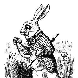 White Rabbit looking at watch illustration, (Alices Adventures in Wonderland)