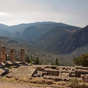 Wide view of temple of Apollo, Delphi, Greece