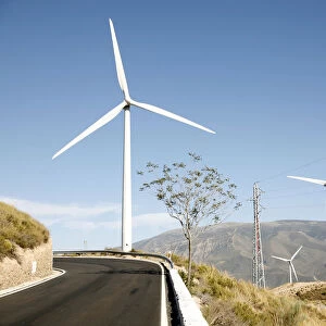 Wind turbines in Lanjaron, Alpujarra, Sierra Nevada, Andalucia, southern Spain, Europe